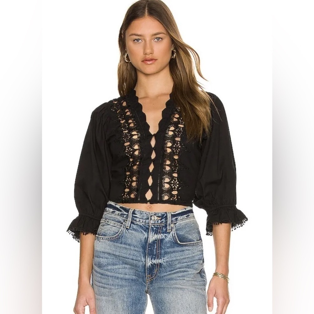 New! Free People Louella Embroidered Crochet Cropped Blouse XS NWT